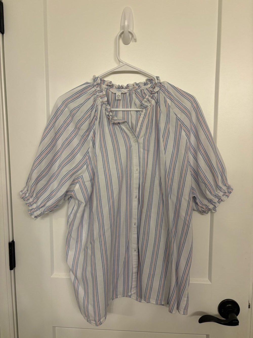 Time and Tru Striped Button-Front Blouse in White, Blue and Pink
